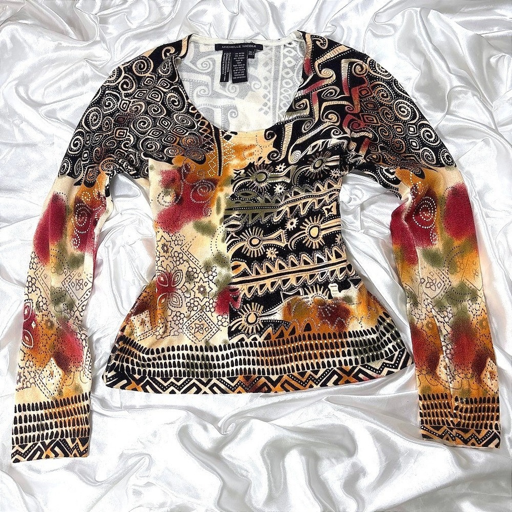 y2k Michelle Nicole Beaded Abstract Print Top Multicolor Excellent Tribal Swirl
